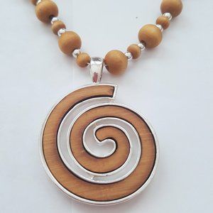 Long Brown Wood Silver Bead Pendant Necklace